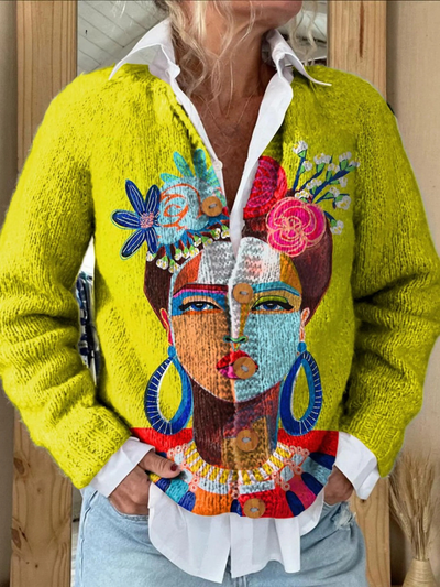 Serilda™ | Abstract Portrait Art Printed Buttoned Cardigan
