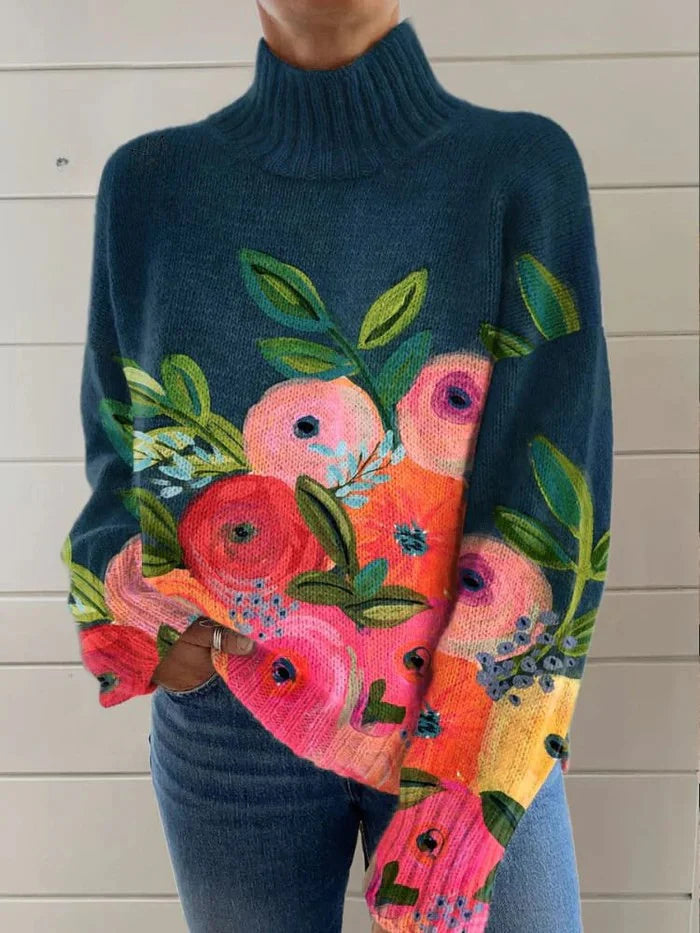 Aleah™ | Retro Floral Pattern Turtleneck Sweater